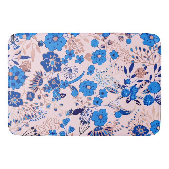 Pretty Azure Blue Blush Pink Floral Illustration Bath Mat (Front)