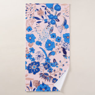 Pretty Azure Blue Blush Pink Floral Illustration Bath Towel