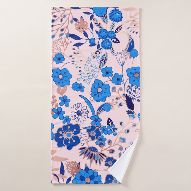 Pretty Azure Blue Blush Pink Floral Illustration Bath Towel (Bath Towel)