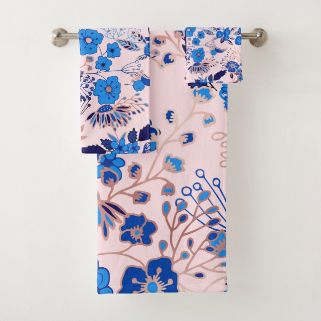 Pretty Azure Blue Blush Pink Floral Illustration Bath Towel Set (Insitu)