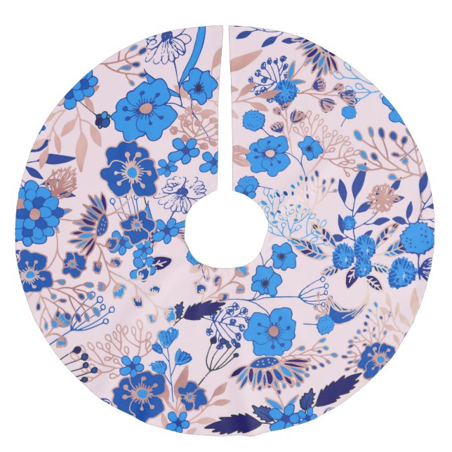 Pretty Azure Blue Blush Pink Floral Illustration Brushed Polyester Tree Skirt (Front)