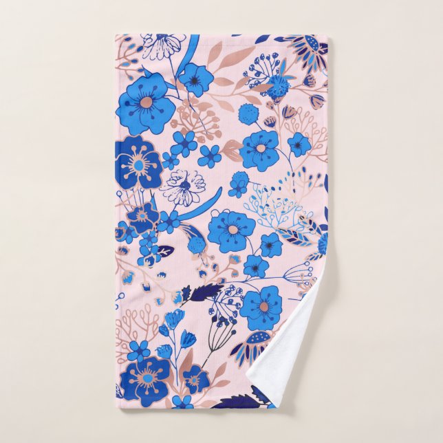 Pretty Azure Blue Blush Pink Floral Illustration Hand Towel (Hand Towel)