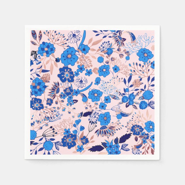 Pretty Azure Blue Blush Pink Floral Illustration Napkin (Front)