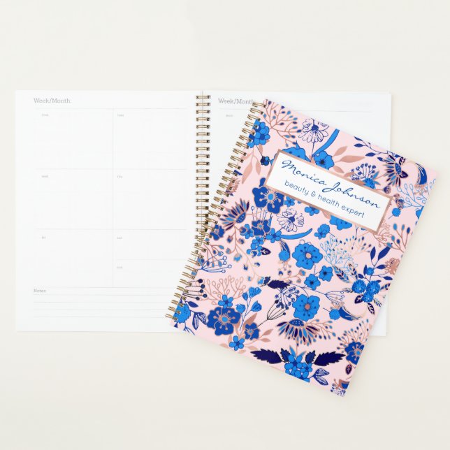 Pretty Azure Blue Blush Pink Floral Illustration Planner (Display)