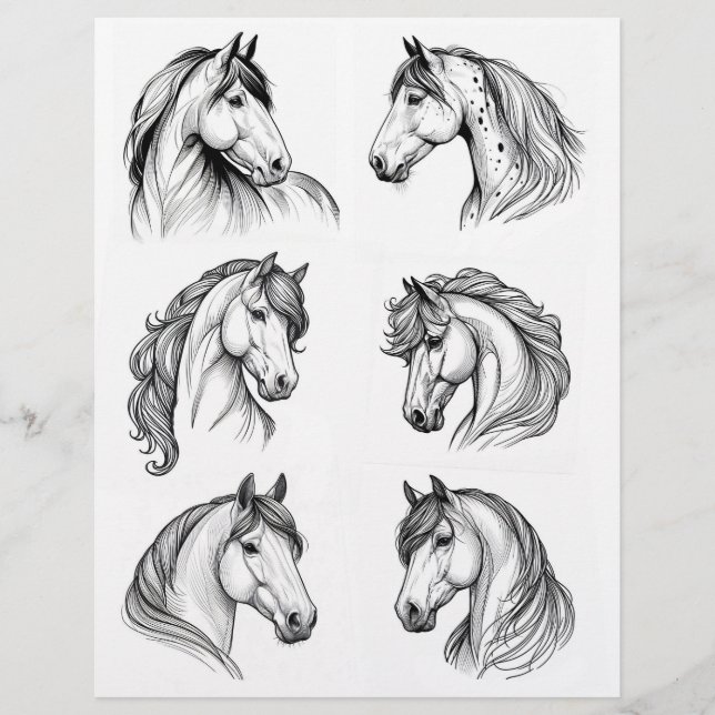 Pretty B&W Horse Head Line Art Drawings (Front)