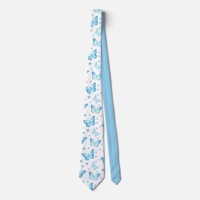 Pretty Baby Blue Butterfly Floral Pattern Design Tie (Front)