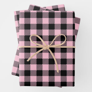 Pretty Baby Pink And Black Buffalo Plaid Wrapping Paper Sheet