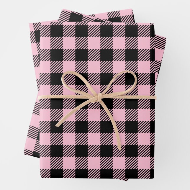 Pretty Baby Pink And Black Buffalo Plaid  Wrapping Paper Sheet (In situ)