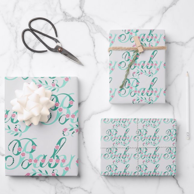 Pretty Baby Quote Pink & Blue Flowers Baby Shower Wrapping Paper Sheet (Front)