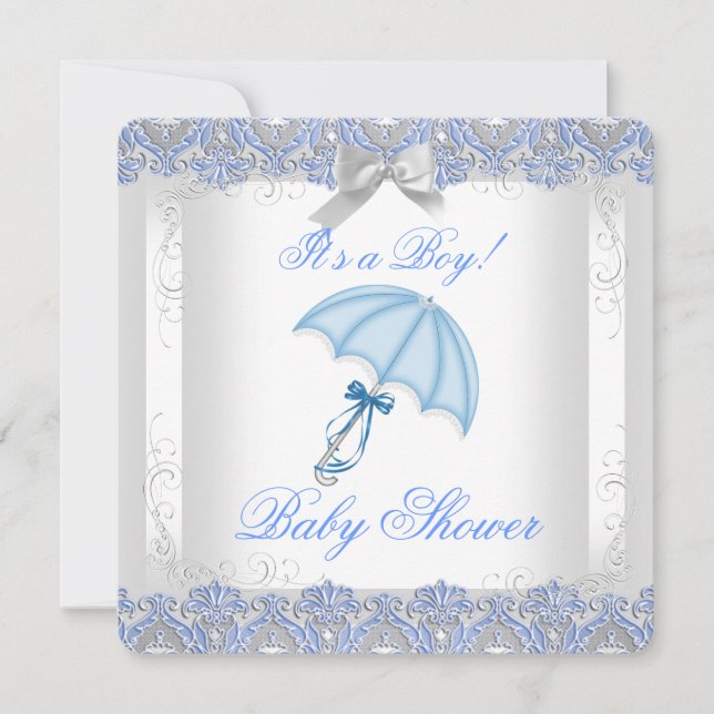 Pretty Baby Shower Boy White Silver Lace Blue Invitation (Front)