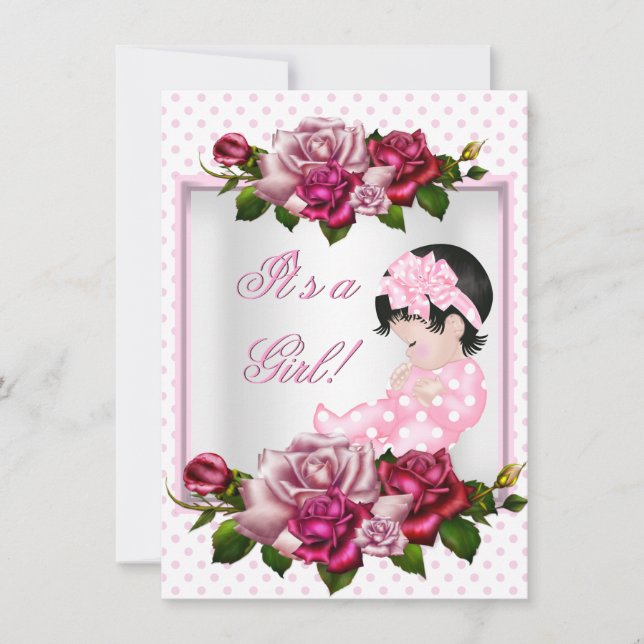 Pretty Baby Shower Cute Girl Pink Roses Polka Dots Invitation (Front)