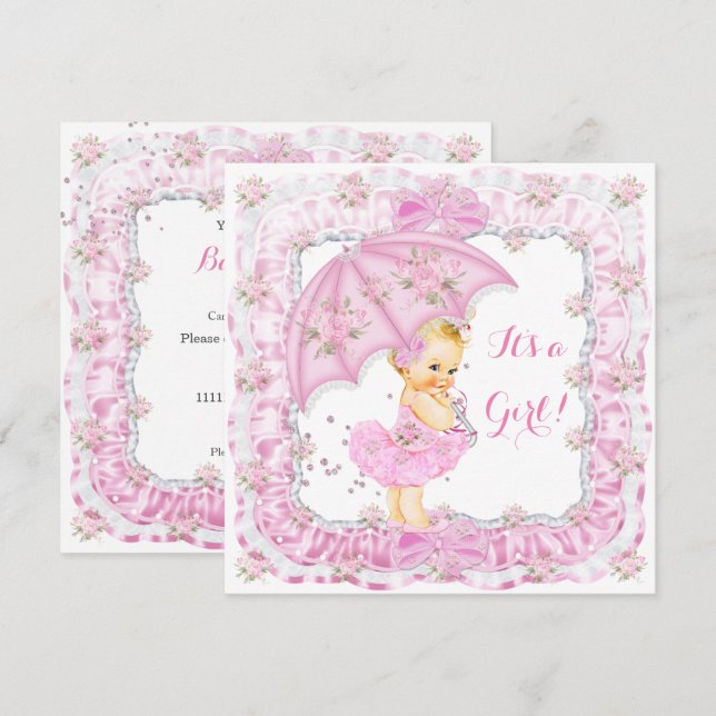 Pretty Baby Shower Girl Floral Pink Blonde Invitation (Front/Back)