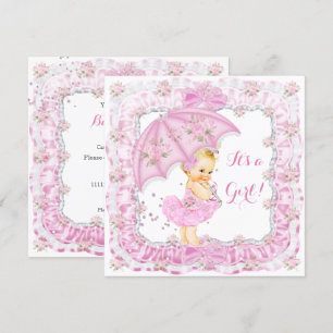 Pretty Baby Shower Girl Floral Pink Blonde Invitation
