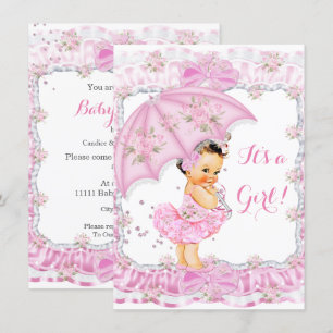 Pretty Baby Shower Girl Floral Pink Brunette Invitation