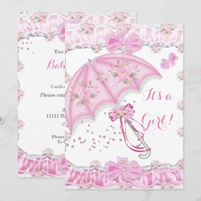 Pretty Baby Shower Girl Floral Pink Umbrella Invitation (Front/Back)