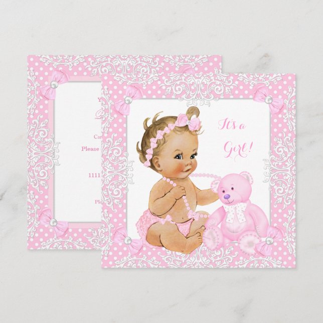 Pretty Baby Shower Girl Lace Pink Bear Blonde Baby Invitation (Front/Back)