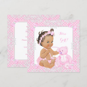 Pretty Baby Shower Girl Lace Pink Bear Brunette 2 Invitation
