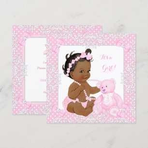 Pretty Baby Shower Girl Lace Pink Bear Ethnic Invitation