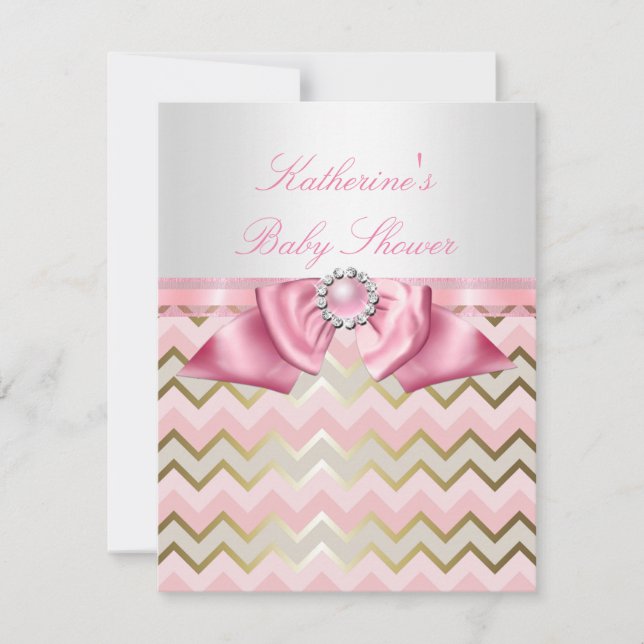 Pretty Baby Shower Girl Pink Gold Chevron Invitation (Front)