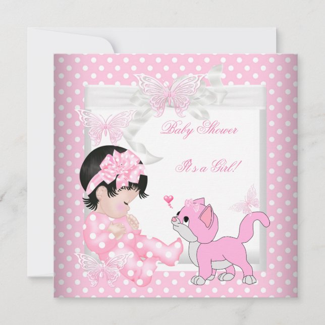 Pretty Baby Shower Girl Pink Spot Kitten 3CC Invitation (Front)