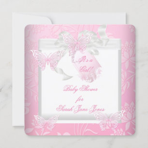 Pretty Baby Shower Girl Pink White Butterfly Invitation