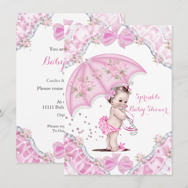Pretty Baby Shower Pink Umbrella Girl Flowers Invitation (Front/Back)