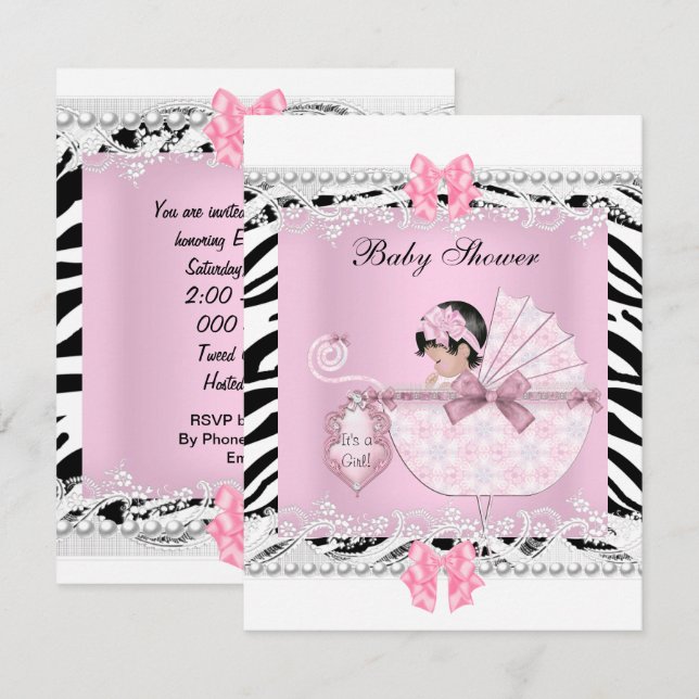 Pretty Baby Shower Zebra Baby Girl Pink Lace Invitation (Front/Back)