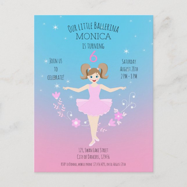 Pretty Ballerina girl Birthday Party Invitation Postcard (Front)