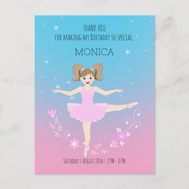 Pretty Ballerina girl Birthday Party Postcard (Front)