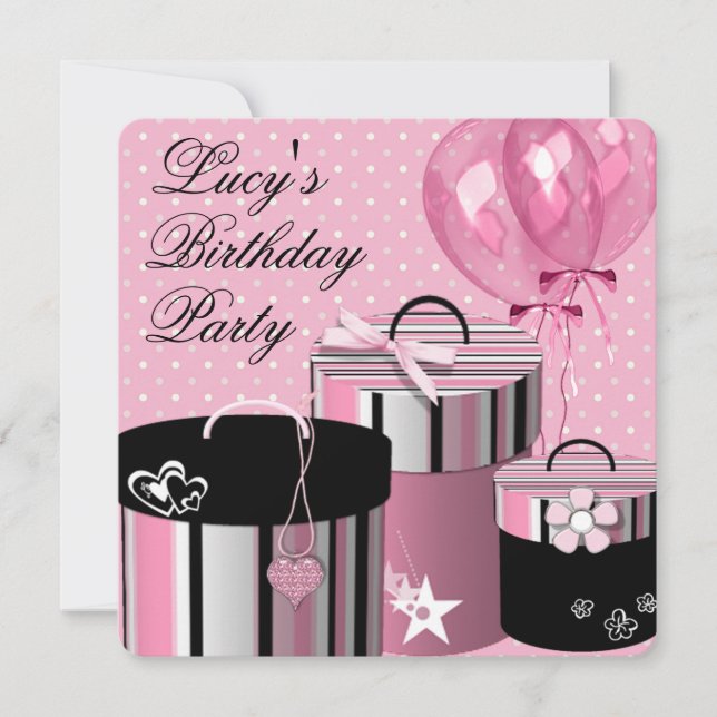 Pretty Balloons Gift Pink and Black Birthday Party Invitation (Front)