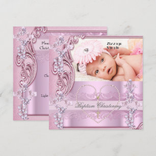 Pretty Baptism Pink Girl Photo Butterfly Cross Invitation