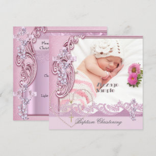 Pretty Baptism Pink Girl Photo Butterfly Lace Invitation