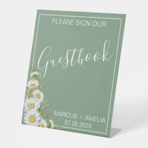Pretty Basil Green & White Daisies Guestbook  Pedestal Sign