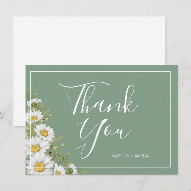 Pretty Basil Green & White Daisies Thank You Flat  Card (Front/Back)