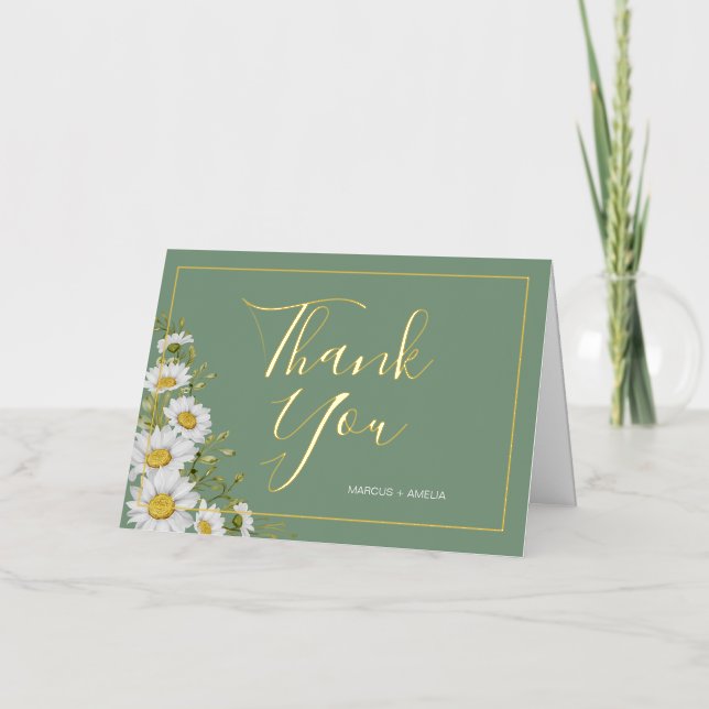 Pretty Basil Green & White Daisies Thank You   Foil Greeting Card (Front)