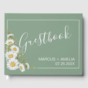Pretty Basil Green & White Daisies Wedding Guest Book