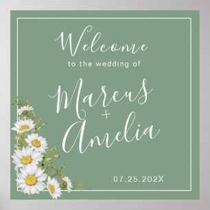 Pretty Basil Green & White Daisies Wedding  Poster