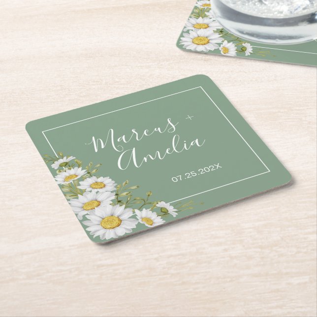Pretty Basil Green & White Daisies Wedding Square  Square Paper Coaster (Angled)
