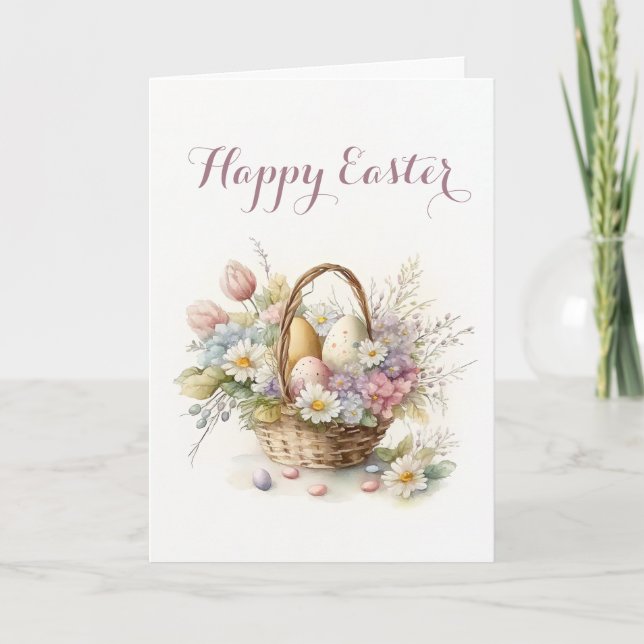 Pretty Basket of Eggs and Flowers Easter Holiday Card (Front)