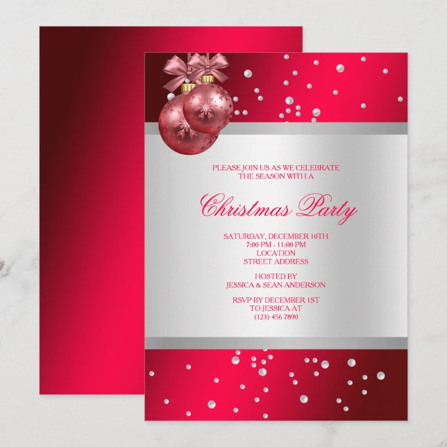 Pretty Baubles & Silver Pearls Fuchsia Christmas Invitation (Front/Back)