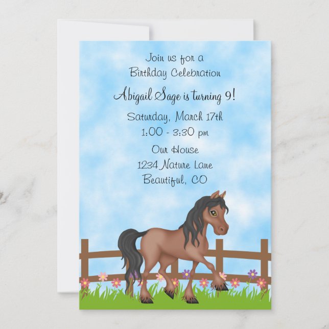 Pretty Bay Horse and Flowers Birthday Invitation (Front)