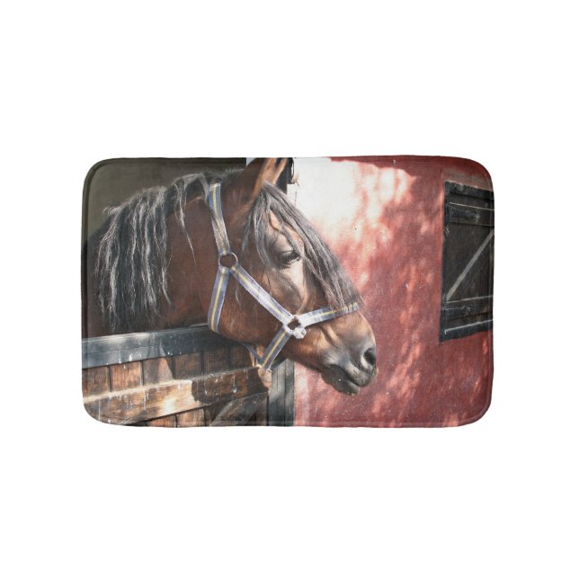 Pretty Bay Horse in a Sunlit Stable Bath Mat (Front)