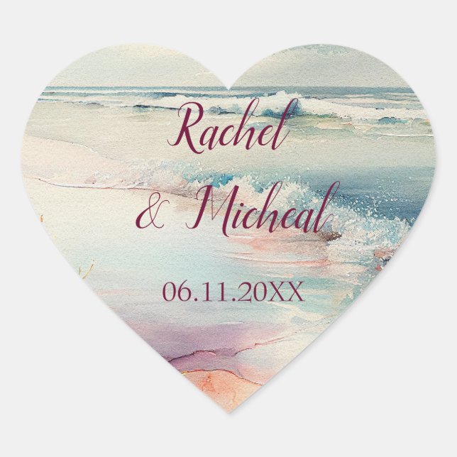 Pretty Beach Theme Wedding Heart Sticker (Front)