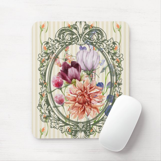 Pretty beautiful antique frame wonderful flowers mouse mat (With Mouse)