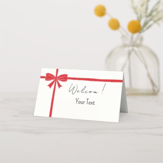 Pretty Beautiful Red Ribbon Gift Wrap Folded Place Card (Front)