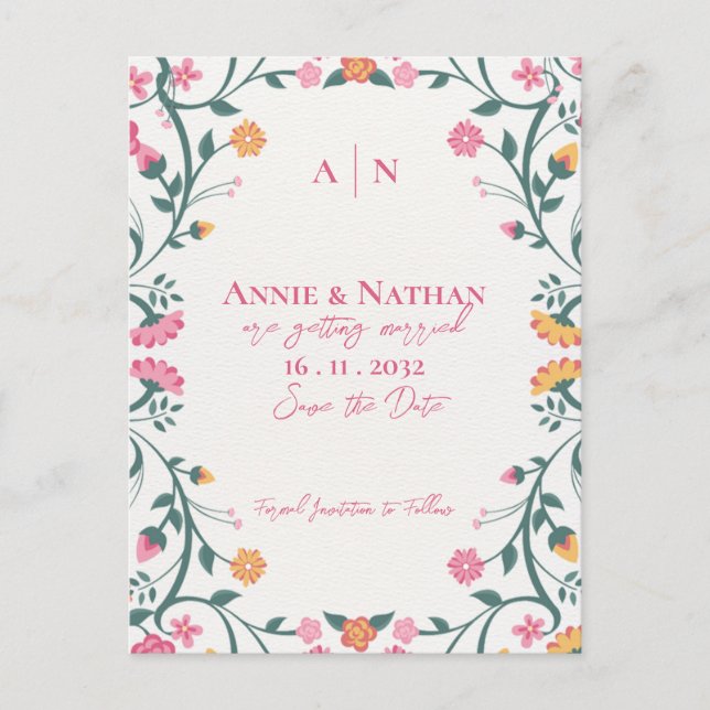 Pretty Beautiful Yellow Pink Floral Frame Wedding Announcement Postcard (Front)