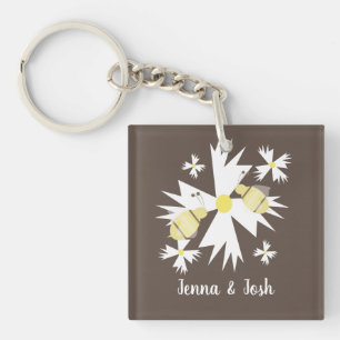 Pretty Bee Floral Botanical Yellow White Daisy Key Ring