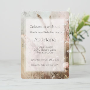 Pretty Beige Blush Boho Floral 16th Birthday Invitation