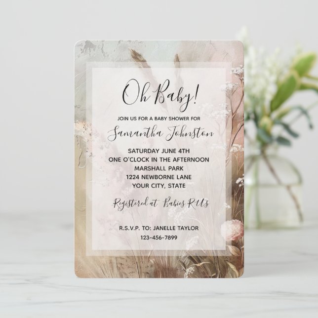 Pretty Beige Blush Boho Floral Baby Shower Invitation (Standing Front)