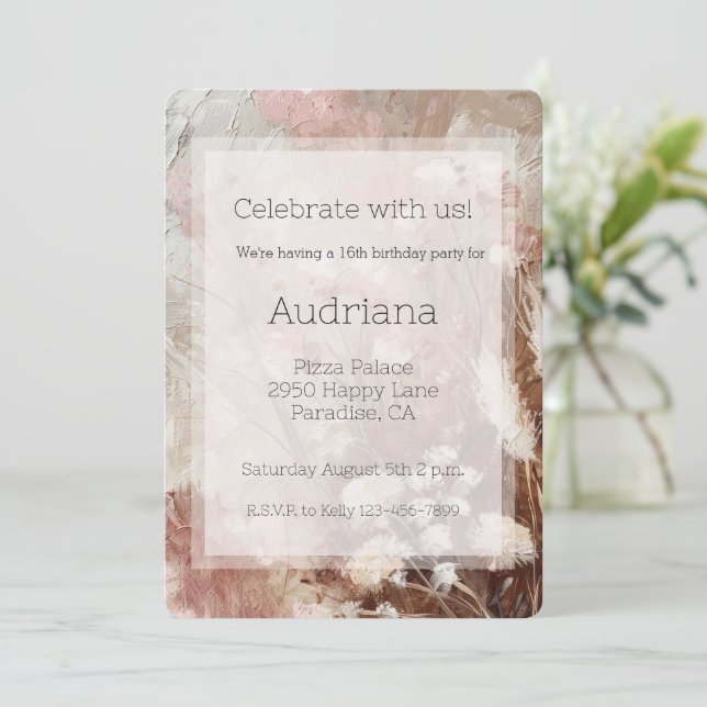 Pretty Beige Blush Boho Pink Floral 16th Birthday Invitation (Standing Front)